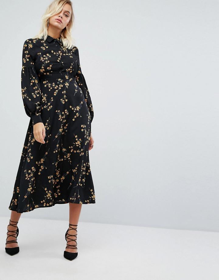 Fashion Union High Neck Midi Dress In Grunge Floral Print - Black