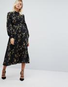 Fashion Union High Neck Midi Dress In Grunge Floral Print - Black