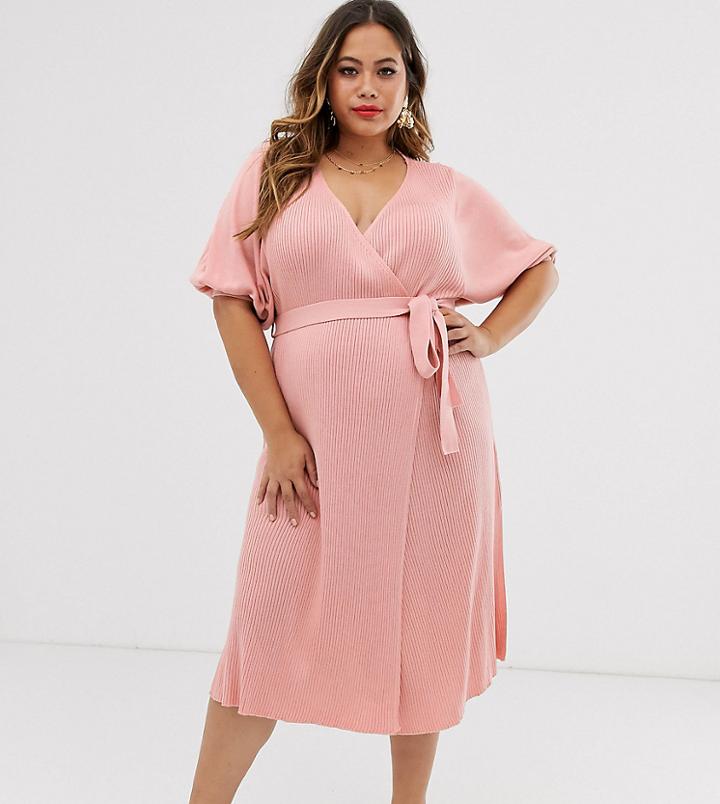 Asos Design Curve Wrap Dress In Rib Knit With Volume Sleeve - Pink