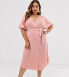Asos Design Curve Wrap Dress In Rib Knit With Volume Sleeve - Pink