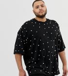 Asos Design Plus Oversized T-shirt With All-over Pearls In Heavyweight Fabric In Black - Black