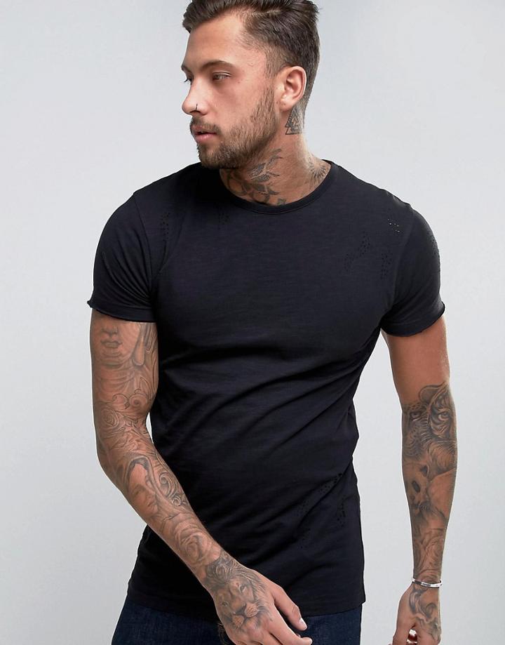 D-struct Distressed Holes Long Line T-shirt - Black