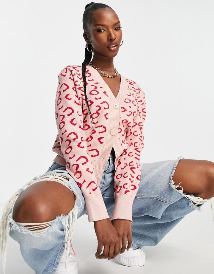 Qed London Animal Print Cardigan In Pink-multi