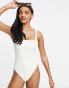 Asos Design Fuller Bust Square Neck Velvet Rib Swimsuit In Ivory-white