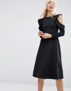 Asos Midi Skater Dress With Cold Shoulder And Frill Sleeve Detail - Black