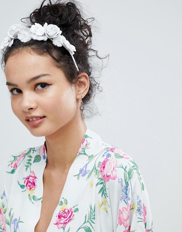 Asos Design Statement Leather Look Floral Headband - White