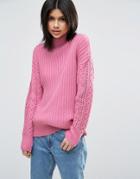 Asos High Neck Sweater With Cable Sleeves - Pink
