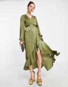 Flounce London Long Sleeve Wrap Maxi Dress In Khaki-green