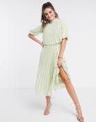 Asos Design High Neck Pleated Double Layer Midi Dress In Chevron Texture In Sage Green