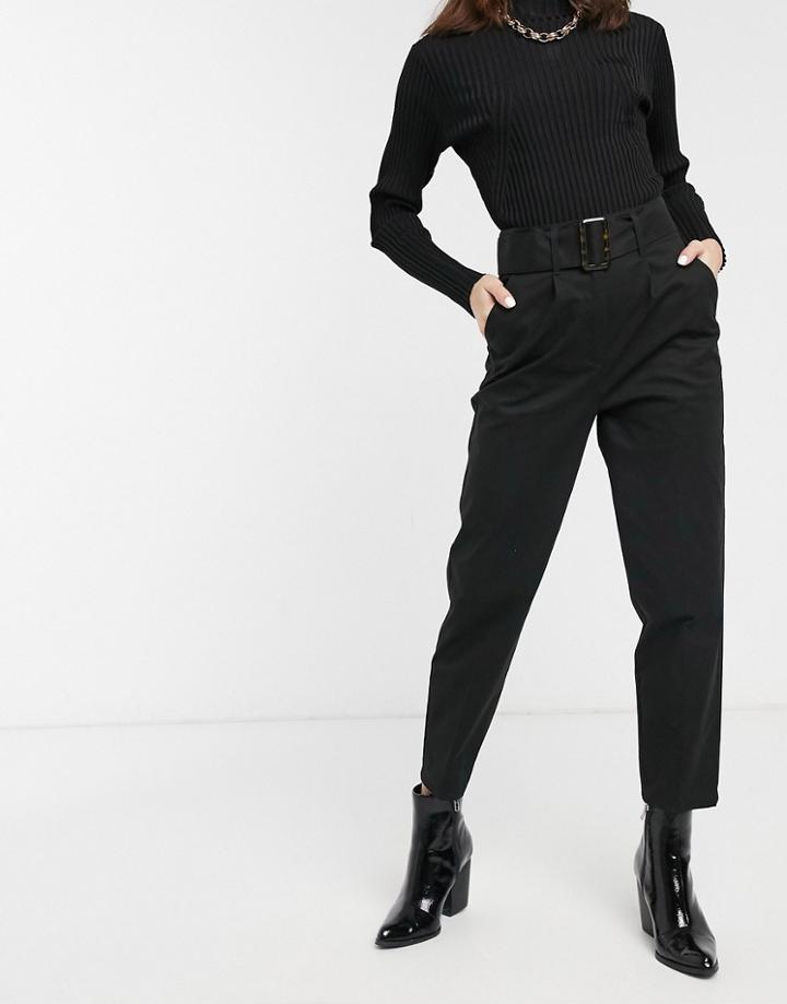 Asos Design Belted Single Pleat Peg Pants With Tortoiseshell Buckle In Black