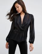 Asos Wrap Front Blouse In Sheer And Solid Stripe - Black