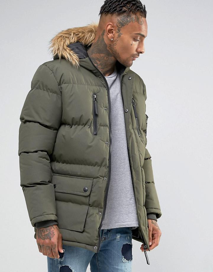 Criminal Damage Parka With Faux Fur Hood - Green