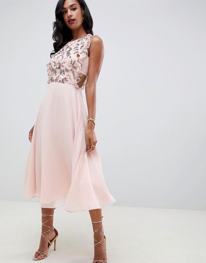 Asos Design Midi Dress With Pinny Bodice In 3d Floral Embellishment-pink