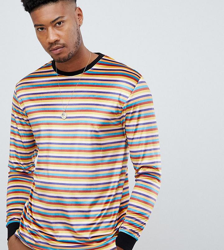 Asos Design Tall Relaxed Stripe Velour Long Sleeve T-shirt In Retro Colors And Contrast Rib - Multi