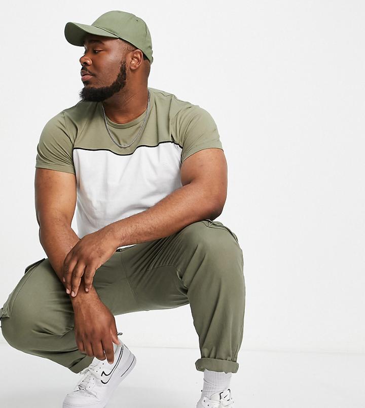 French Connection Plus Color Block Piping T-shirt In White Light Khaki