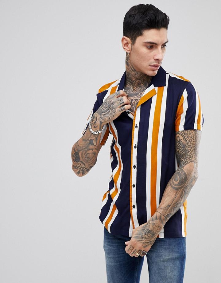Asos Regular Fit Viscose Stripe Shirt In Navy - Brown