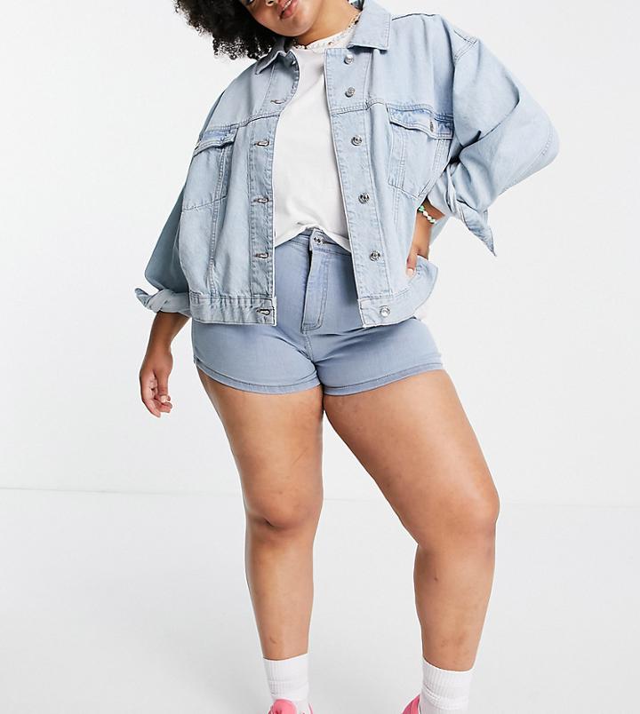 Don't Think Twice Plus Charlotte High Waisted Disco Denim Shorts In Light Blue-blues