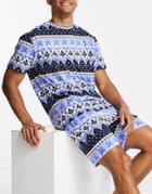Chelsea Peers Lounge Short Set In Blue Fairisle-blues