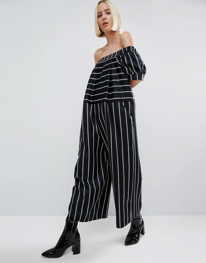 Asos White Off Shoulder Stripe Wide Leg Jumpsuit - Black