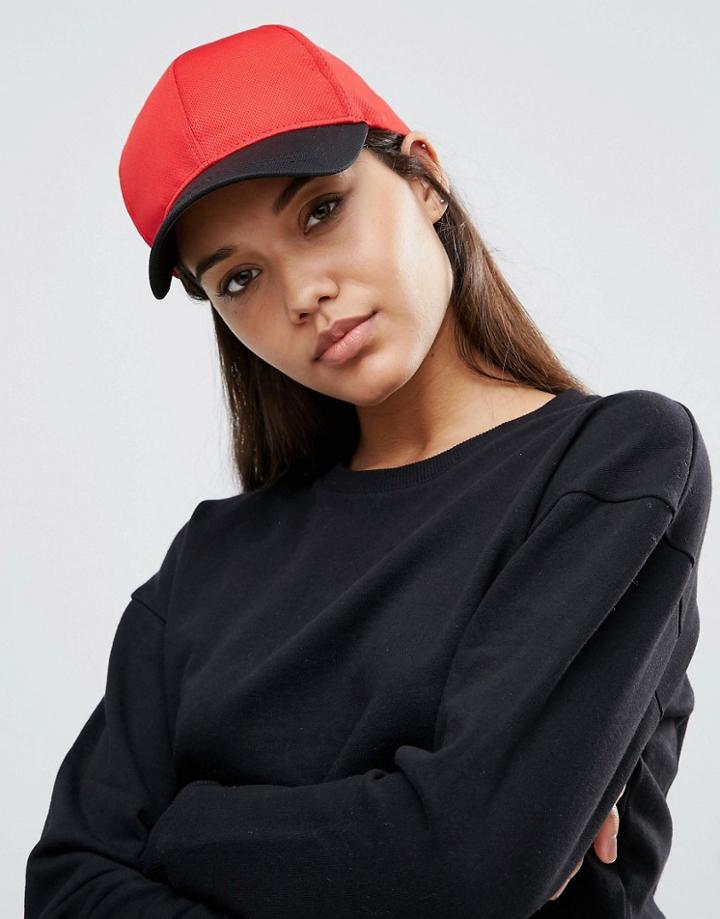 Asos Basic Baseball Cap In Color Block Mesh - Red