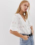 Pieces V Neck Broderie Top - White