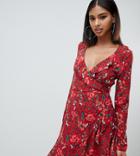 Missguided Wrap Front Mini Tea Dress In Rust Floral - Brown