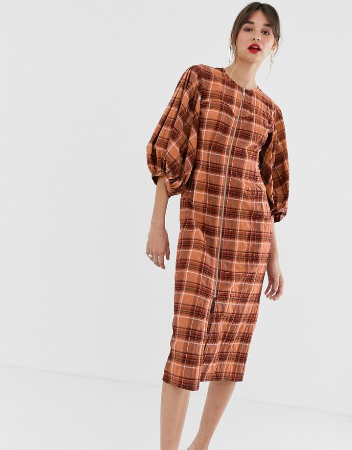 Asos White Orange Check Zip Front Midi Dress
