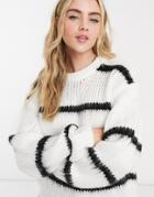 Asos Design Fluffly Oversize Sweater In Cream With Black Stripe-white