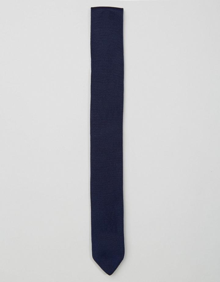 Asos Knitted Tie In Navy With Pointed End - Navy