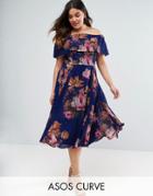 Asos Curve Navy Floral Bardot Midi Dress - Multi