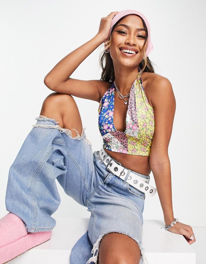 Violet Romance Satin Halter Neck Crop Top In Mixed Floral Patchwork Print-multi