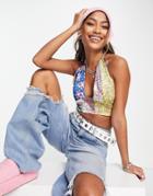 Violet Romance Satin Halter Neck Crop Top In Mixed Floral Patchwork Print-multi