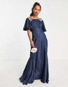 Asos Edition Satin Flutter Sleeve Maxi Dress With Strap Details In Petrol Blue-navy