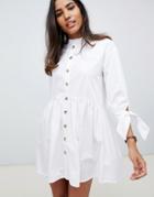 Asos Design Grandad Collar Button Through Mini Smock Dress With Tie Sleeve-white