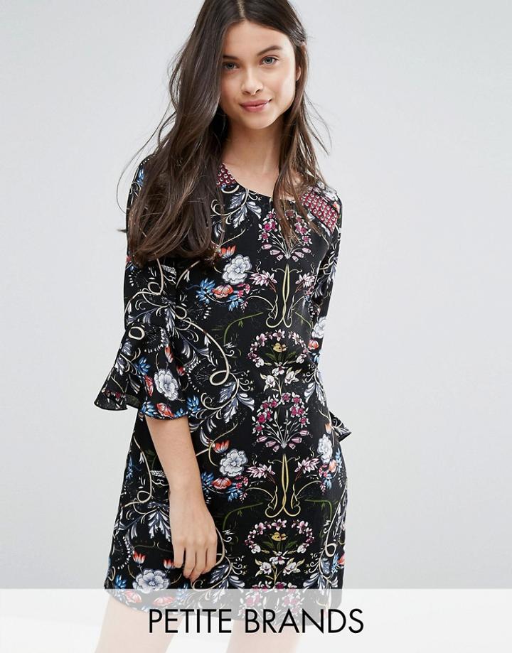 Yumi Petite Shift Dress With Frill Sleeves In Patchwork Print - Black