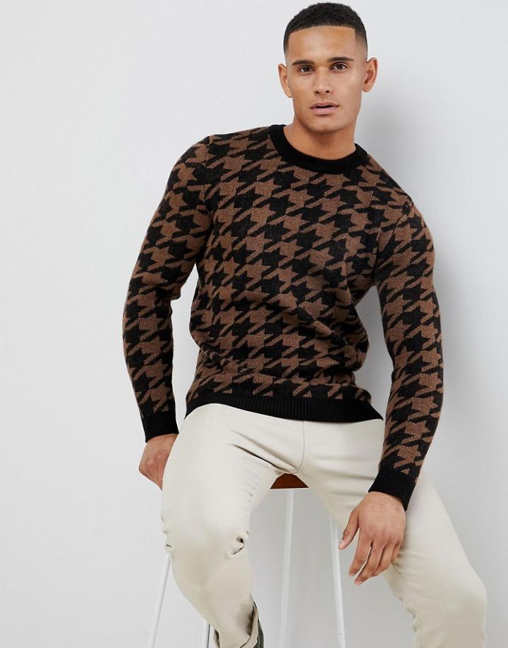 New Look Oversized Sweater In Brown Dogstooth Print - Brown