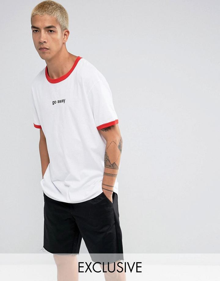 Reclaimed Vintage Inspired Ringer T-shirt With Go Away Slogan - White