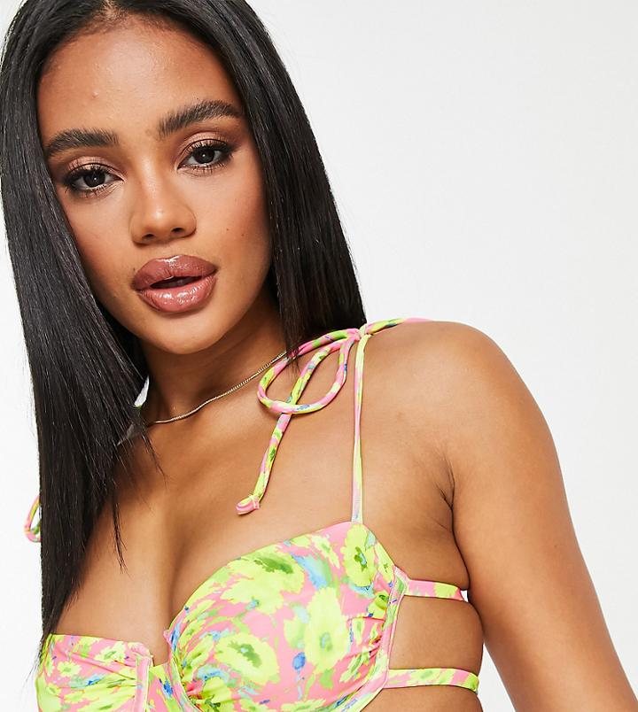 Asyou Underwired Ruched Bikini Top In Abstract Floral Print-multi
