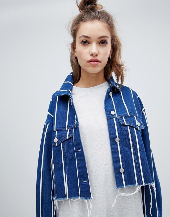 Pull & Bear Stripe Denim Jacket - Blue