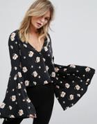 Influence Flare Sleeve Floral Top - Black