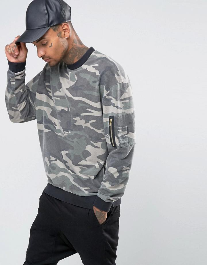 Asos Oversized Sweatshirt In Camo With Ma1 Pocket - Green