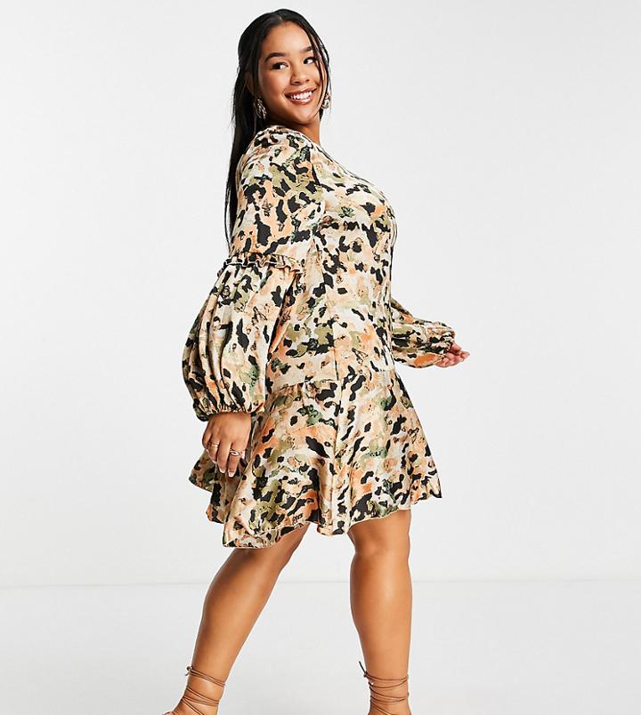 Outrageous Fortune Plus Floral Mini Dress With Balloon Sleeves In Multi