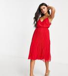 Asos Design Petite Pleated Cami Midi Dress With Drawstring Waist In Red