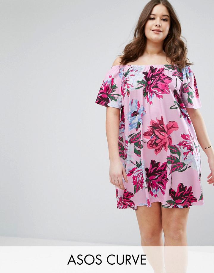 Asos Curve Off Shoulder Sundress In Pink Floral Print - Multi