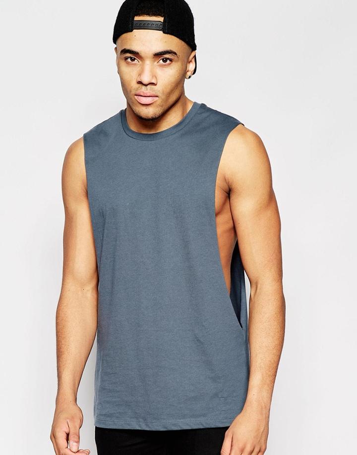 Asos Sleeveless T-shirt With Extreme Dropped Armhole In Blue - Dark Slate