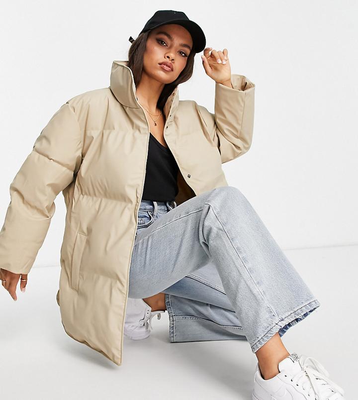 Asos Design Petite Rubberized Oversized Puffer Jacket In Camel-neutral