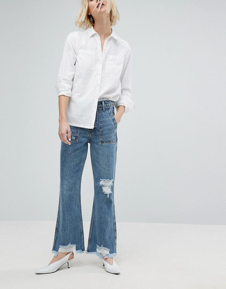 Evidnt Raw Hem Crop Flare Jean - Blue
