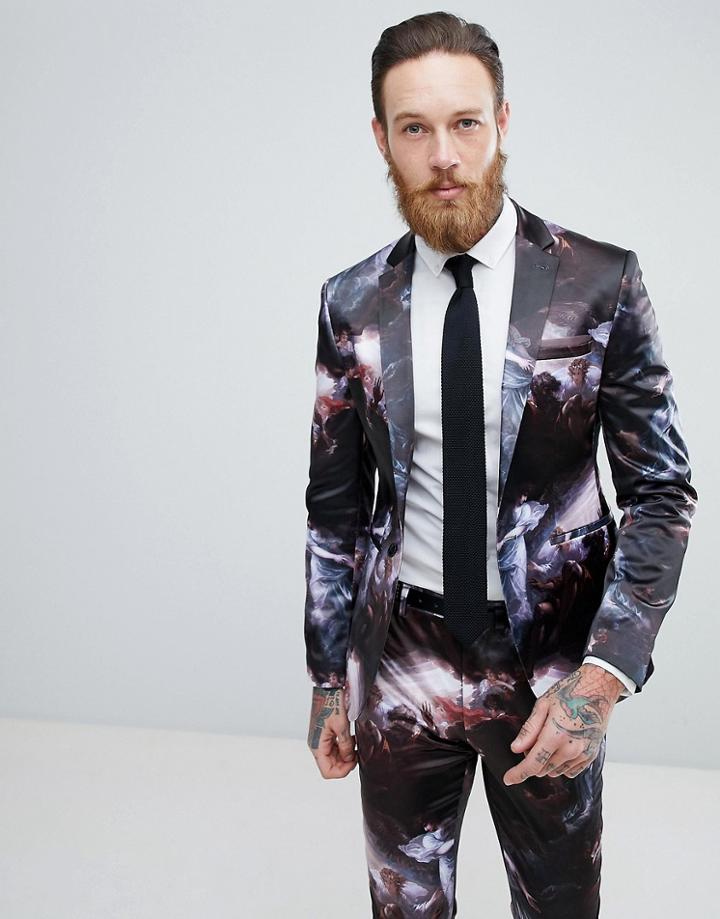Asos Super Skinny Suit Jacket In Angel Print Sateen - Black