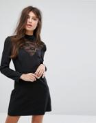 Fashion Union Long Sleeve Dress With High Neck In Lace - Black