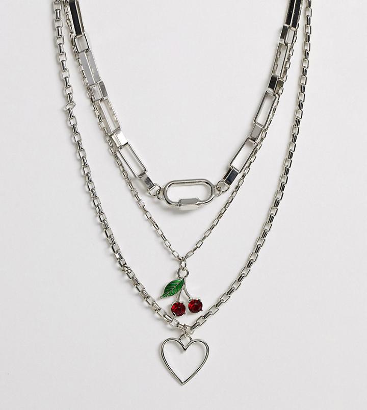 Reclaimed Vintage Inspired Multirow Cherry And Heart Necklace - Silver